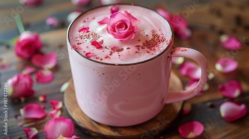 Pink Rose Latte with Rose Petals on Wooden Table