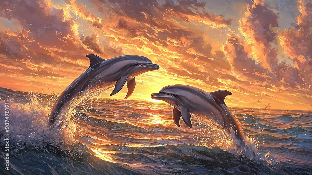 Fototapeta premium Dolphins jumping in front of orange-blue sky, sun setting behind them