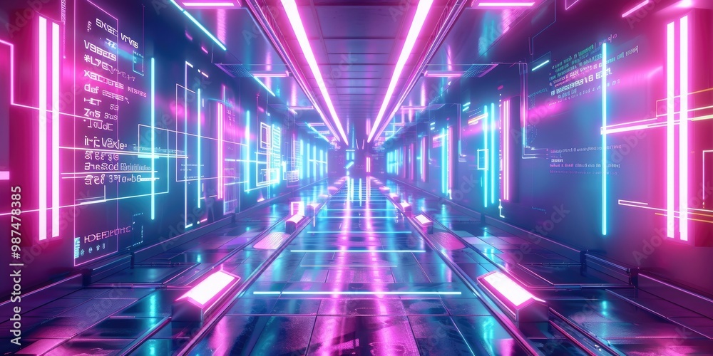 Fototapeta premium Futuristic corridor with neon lights and digital elements.