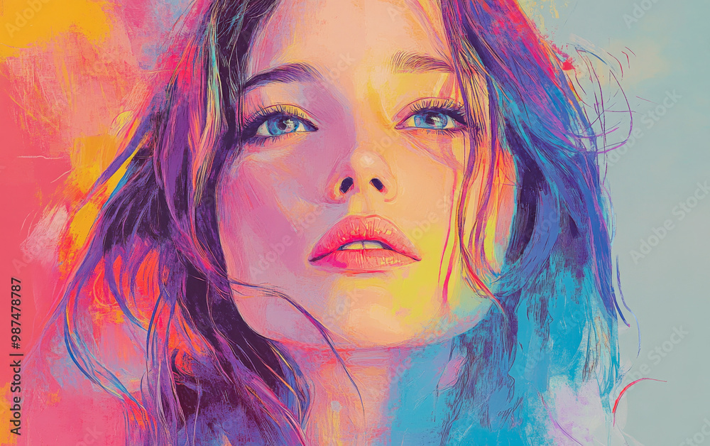 Fototapeta premium A vibrant portrait of a young woman with colorful hair and expressive eyes, illustrating artistic creativity and emotional depth