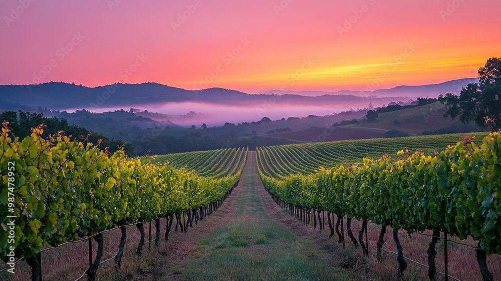 Fototapeta premium Sun dips below distant mountain peaks; Fog cloaks valley foreground