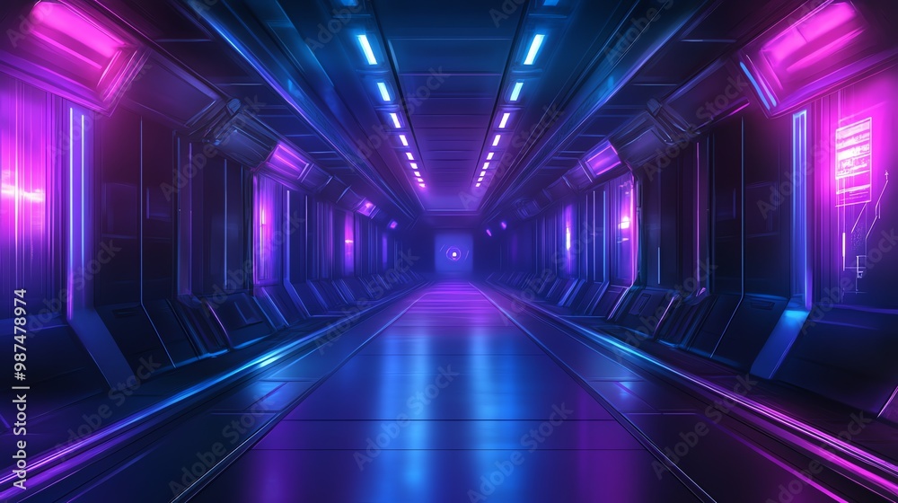 Futuristic hallway with pink and blue neon lights. Futuristic hallway with pink and blue neon lights.