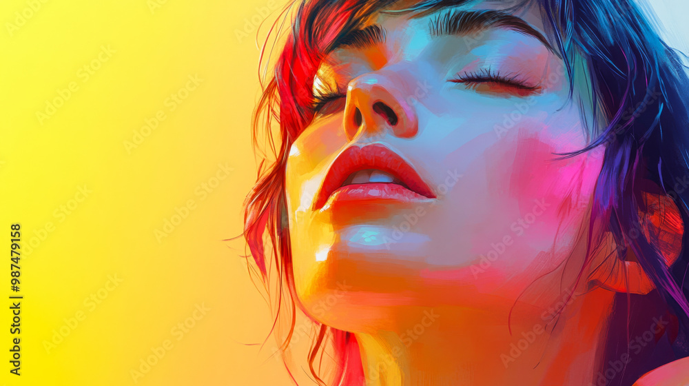 A vibrant portrait of a woman with closed eyes basking in colorful light at sunset, capturing a moment of tranquility and beauty A vibrant portrait of a woman with closed eyes basking in colorful light at sunset, capturing a moment of tranquility and beauty