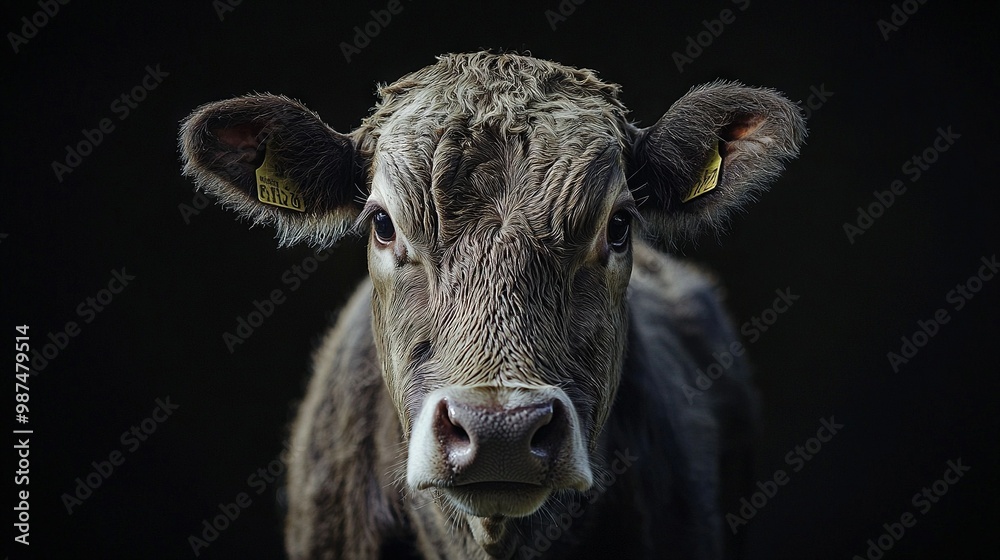 A zoomed-in picture of a cow's face against a dark background with a yellow label attached to its ear A zoomed-in picture of a cow's face against a dark background with a yellow label attached to its ear