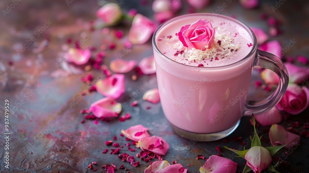 Pink Rose Latte with Coconut Flakes and Rose Petals Pink Rose Latte with Coconut Flakes and Rose Petals