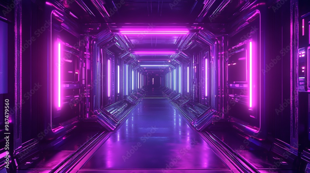 Futuristic hallway with pink and blue neon lights. Futuristic hallway with pink and blue neon lights.