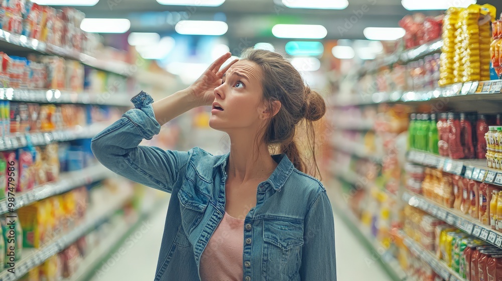 A shopper feeling overwhelmed in a crowded store, trying to decide between different products A shopper feeling overwhelmed in a crowded store, trying to decide between different products