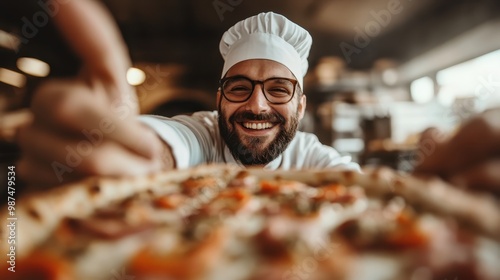 A bearded chef in a white hat joyfully presents a steaming, freshly baked pizza, embodying mastery and delight in an inviting kitchen with a warm ambiance. photo
