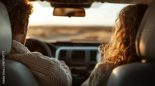 Two individuals are seen driving a car with a picturesque sunset in the background, symbolizing a journey or adventure as they head towards their destination together.