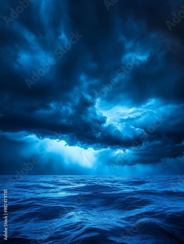 Dramatic stormy ocean scene with dark clouds and shimmering water.