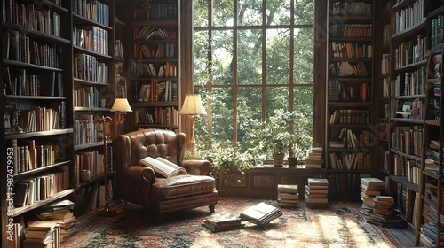   A cozy room brimming with books and a plush leather armchair positioned in front of a lush window overflowing with literature photo