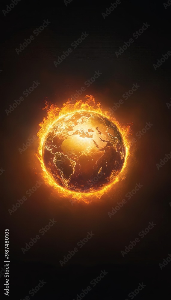 Earth engulfed in flames, dark background, dramatic climate change representation. Earth engulfed in flames, dark background, dramatic climate change representation.