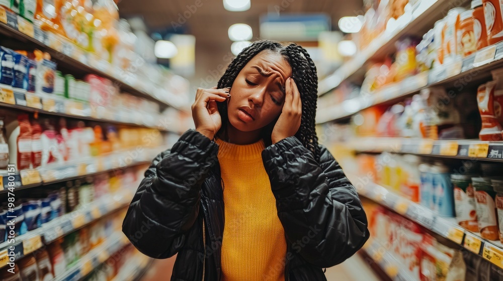 A shopper feeling overwhelmed in a crowded store, trying to decide between different products A shopper feeling overwhelmed in a crowded store, trying to decide between different products