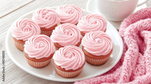 Delicious meringue cookies are beautifully arranged on a plate next to a cup of coffee, accompanied by a cozy knitted blanket on a wooden surface