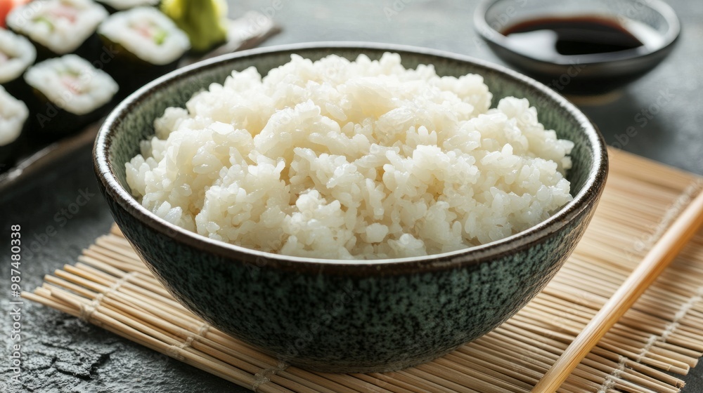 A bowl of steaming sushi rice next to a sushi rolling mat, chopsticks, and soy sauce, ready for assembling homemade sushi rolls. A bowl of steaming sushi rice next to a sushi rolling mat, chopsticks, and soy sauce, ready for assembling homemade sushi rolls.