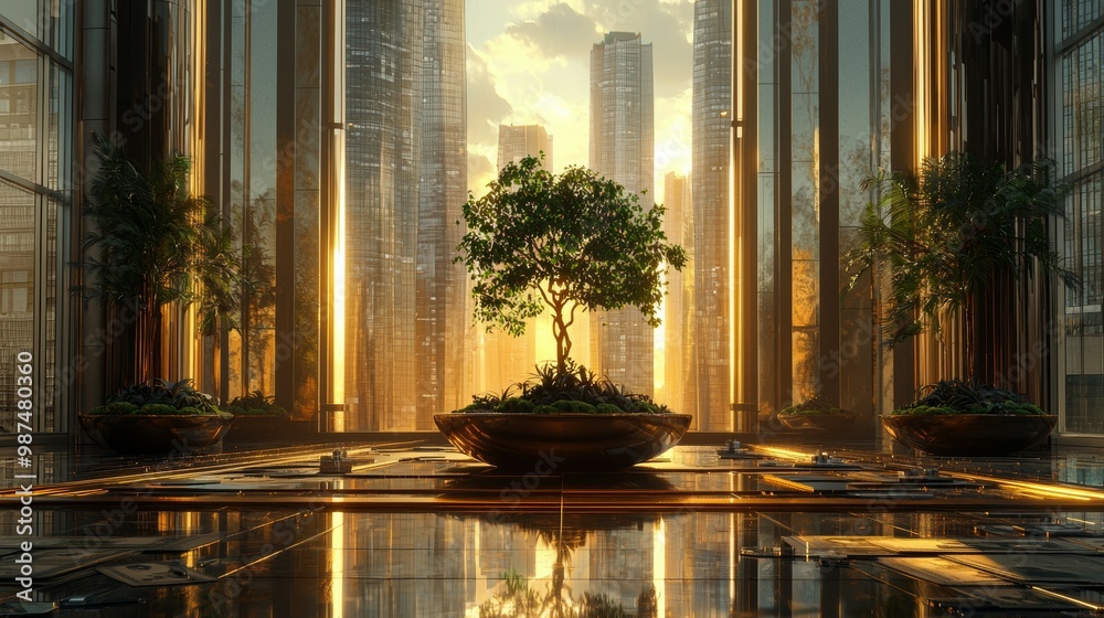 Modern Office Interior With Large Windows and City Skyline View