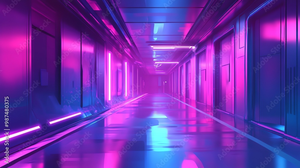 A futuristic, brightly lit hallway with neon lights. A futuristic, brightly lit hallway with neon lights.