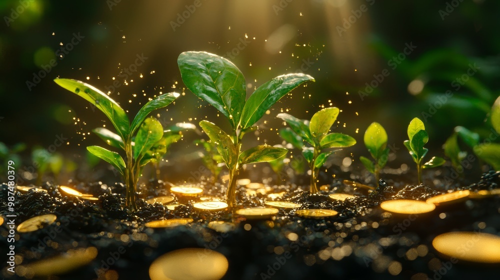Green Shoots Growing From Golden Coins in Soil Green Shoots Growing From Golden Coins in Soil