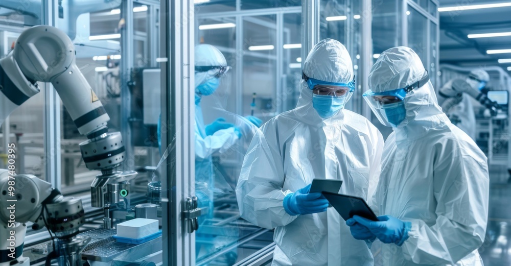 Industrial Scientists Wearing Disposable Protective Suits, Masks, and Goggles at a Production Plant. Specialist Using Tablet Computer, Analyzing Potential Work Hazards and Contamination at a Workplace Industrial Scientists Wearing Disposable Protective Suits, Masks, and Goggles at a Production Plant. Specialist Using Tablet Computer, Analyzing Potential Work Hazards and Contamination at a Workplace