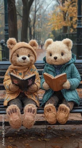 Two teddy bears sit on a bench reading books in the fall.