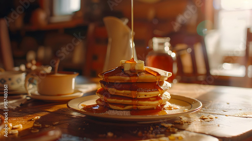 Golden Pancakes Drizzled with Syrup A Perfect Breakfast