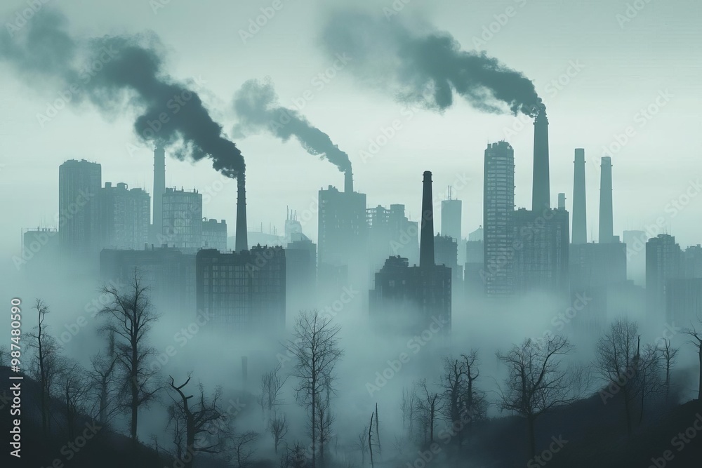 Factory skyline shrouded in fog, smoke billowing, industrial pollution scene.