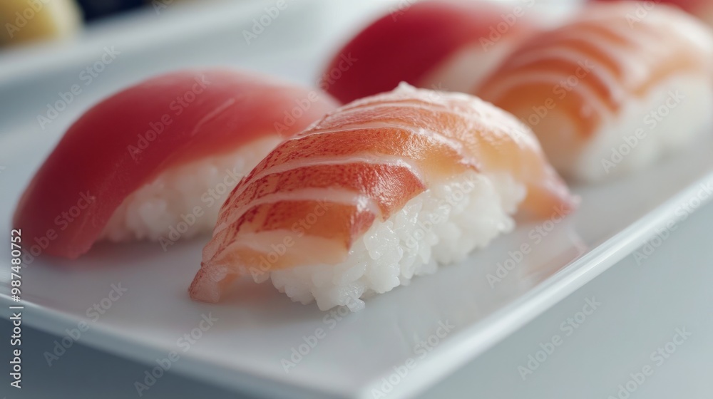 A close-up shot of delicate nigiri sushi, featuring perfectly sliced fish on seasoned rice, placed on a minimalist white plate. A close-up shot of delicate nigiri sushi, featuring perfectly sliced fish on seasoned rice, placed on a minimalist white plate.