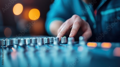 A close-up of a sound engineer's hand adjusting levels on a mixing console, set against a background of blurred lights, capturing a moment in sound engineering.