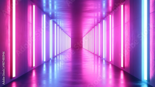 A long, glowing hallway lit with neon pink and blue lights.