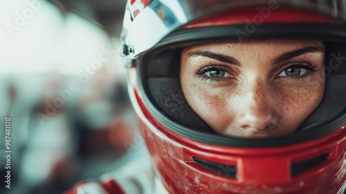 A determined race car driver in a red helmet stares ahead with intensity, embodying speed, focus, and adrenaline in a competitive and high-octane environment of racing.