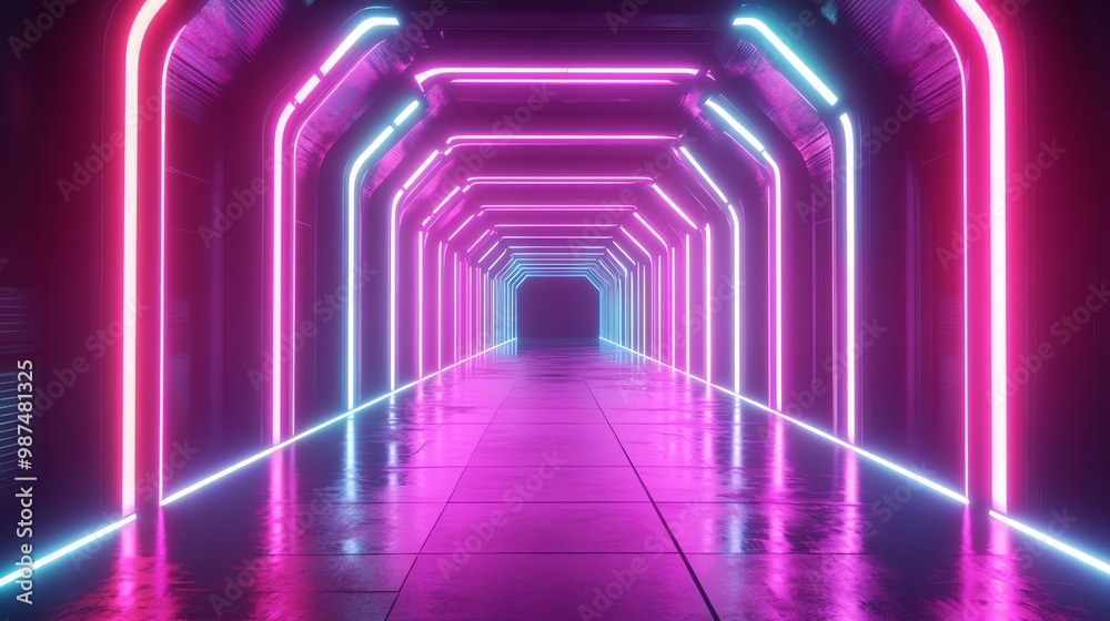 A futuristic hallway with glowing pink and blue neon lights. A futuristic hallway with glowing pink and blue neon lights.