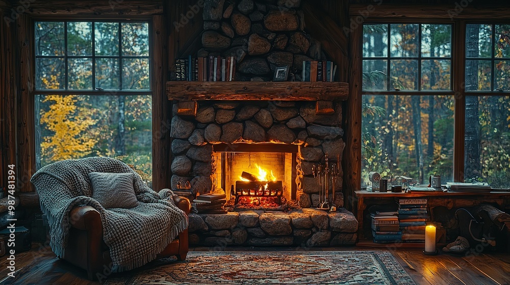A cozy living room boasts a fireplace in its center, with an armchair strategically placed to face it A cozy living room boasts a fireplace in its center, with an armchair strategically placed to face it