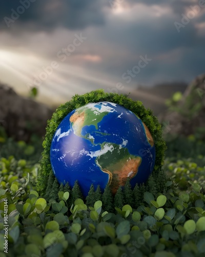 Earth Globe Surrounded by Green Plants and Trees   Environmental Concept photo