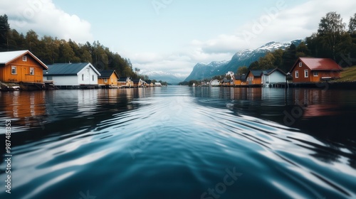 Brightly colored coastal cottages line the sides of a calm fjord, nestled between lush hills and reflective water, creating a peaceful and picturesque waterfront view. photo