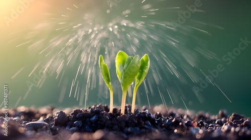 Green Sprout Seedlings Growing in Soil With Rn Drops photo