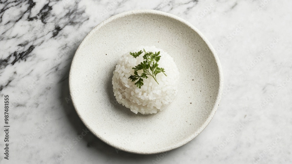 A minimalist plate featuring a small mound of sushi rice, garnished with delicate herbs, showing the rice as the star of the dish A minimalist plate featuring a small mound of sushi rice, garnished with delicate herbs, showing the rice as the star of the dish