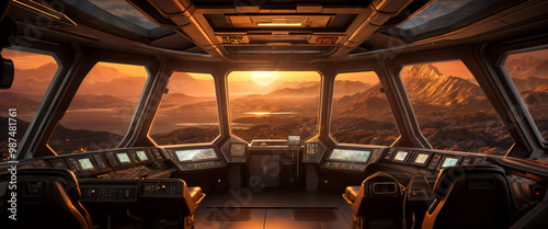 Futuristic wide empty cockpit of a sci-fi spaceship with large windows and an orange mountains landscape and lighting like Mars planet
