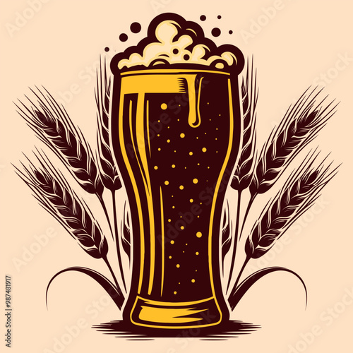 Beer glass with foam and barley sheaf illustration vector