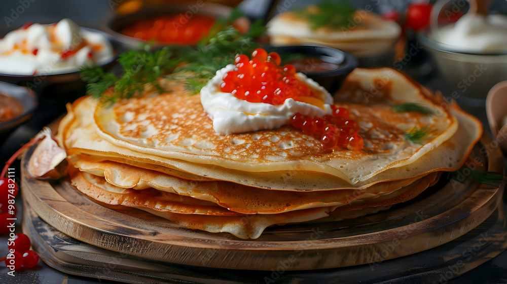 Delicious Stack of Pancakes with Red Caviar and Sour Cream