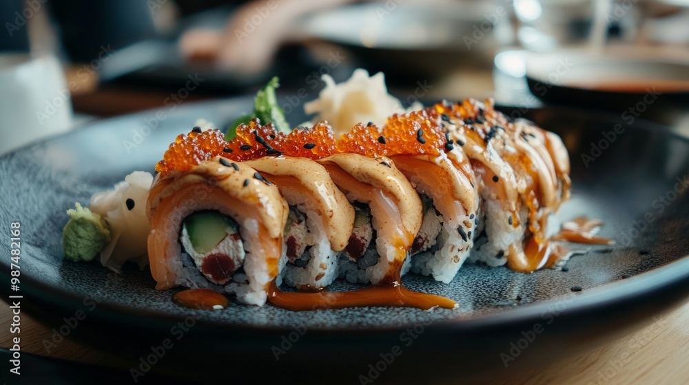 A plate of dragon rolls, intricately decorated with spicy mayo and eel sauce, served alongside pickled ginger and wasabi in a modern restaurant. A plate of dragon rolls, intricately decorated with spicy mayo and eel sauce, served alongside pickled ginger and wasabi in a modern restaurant.