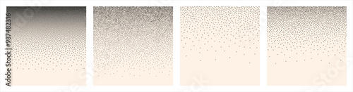 Dots, stipples noise seamless repeat vector borders frames set, various density grainy halftone backgrounds collection. Stippled stippling shading gradient templates. Chaotic tiny round even blobs.