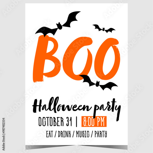 Halloween Boo party invitation poster with scary flying bats. Vector banner or flyer for Trick or Treat event and to celebrate the holiday in a cheerful festive atmosphere with all the traditions.