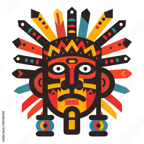 A colorful Indian head with a red and blue face. The head is surrounded by a red and blue feathery mane