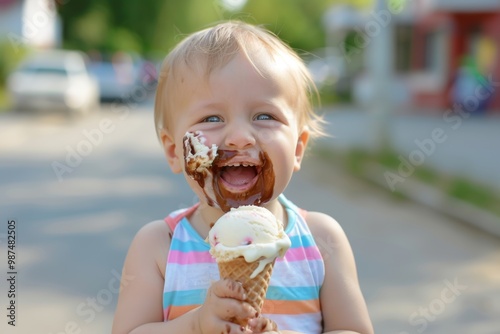 Kid savors every bite of delicious ice cream. Bright silvery hair and pure delicate face make infant look incredibly adorable. Visual poem of newborn's serene beauty and joy