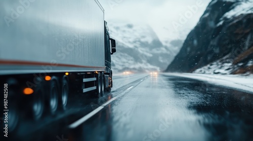 A truck traveling on a wet highway through a scenic mountainous landscape under rainy weather, depicting the resilience and journey of road transportation in nature. photo