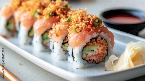 A plate of spicy tuna rolls topped with crispy tempura flakes and spicy mayo, placed on a table alongside soy sauce and pickled ginger.