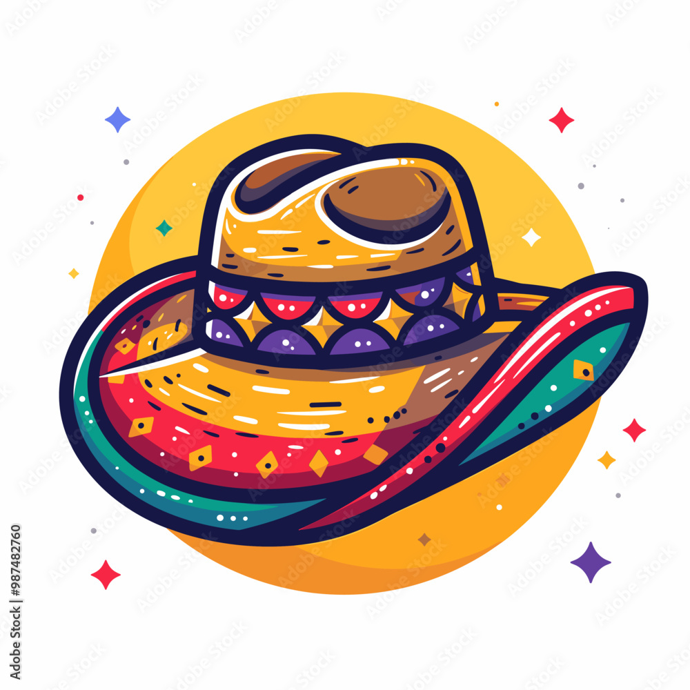 A colorful hat with a red band and a green band. The hat is drawn in a cartoon style A colorful hat with a red band and a green band. The hat is drawn in a cartoon style