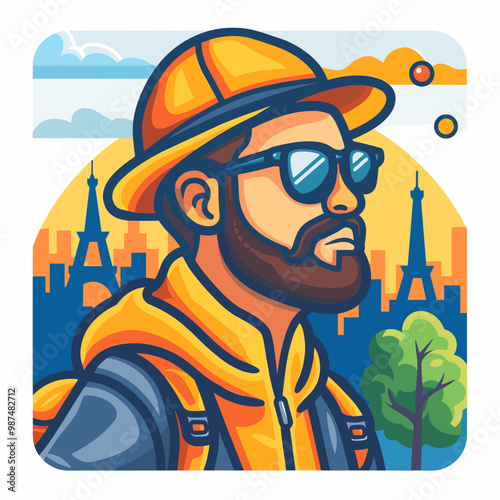 A man wearing a yellow hat and sunglasses stands in front of a city skyline. The man is wearing a yellow jacket and a backpack