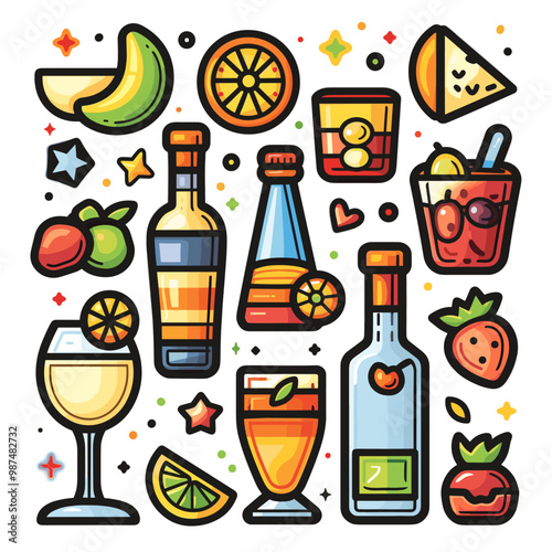 A colorful illustration of various drinks and food items, including a glass of wine, a bottle of liquor, and a slice of cake