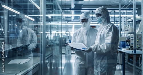 Industrial Scientists Wearing Disposable Protective Suits, Masks, and Goggles at a Production Plant. Specialist Using Tablet Computer, Analyzing Potential Work Hazards and Contamination at a Workplace